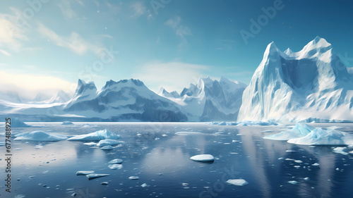 Hand-drawn beautiful illustration of iceberg scenery on the Arctic sea 