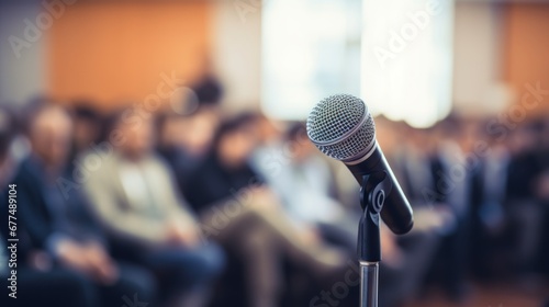 Pulblic speaking concept. A microphone over the blurred photo of classroom, conference hall, or seminar room with attendees. photo