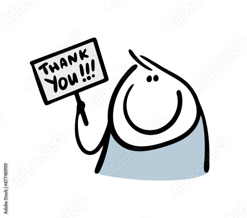 Funny stickman raised his hand and holds cartoon sign with a message. Vector illustration of doodle man attracts attention and thanks.