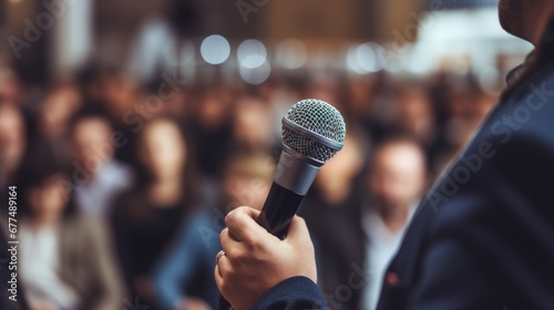 Pulblic speaking concept. A man's hand holds on a microphone over the blurred photo of classroom, conference hall, or seminar room with attendees.