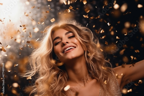 A beautiful blonde girl is dancing under glittering confetti, New Year party concept