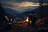 A lonely wanderer is having dinner in the mountains by a campfire