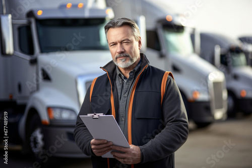 Foto A mature man in h is 40s standing in front of a fleet of semi-trucks or tractor-