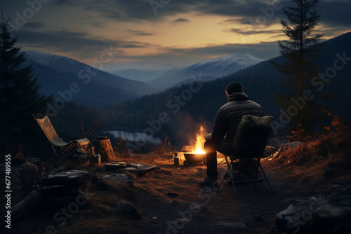 A lonely wanderer is having dinner in the mountains by a campfire