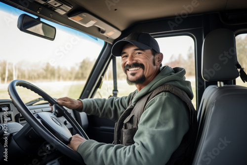 A mid adult Hispanic man in his 30s driving a truck, He is smiling at the camer