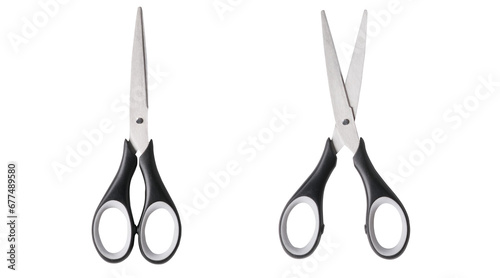 Top view of open and closed scissors isolated on white background. Real photography of office scissors, stainless steel blades and black white handle.