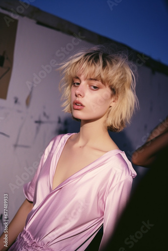 Portrait of a beautiful girl with blond hair in a pink dress.