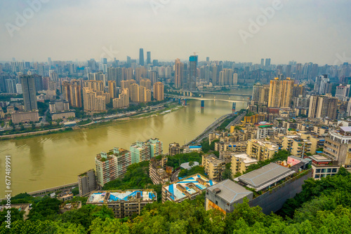 Fototapeta Naklejka Na Ścianę i Meble -  Eling Park , Panoramic view of Chongqing cityscape during early autumn in Chongqing Yuzhong District , China : 23 October 2023