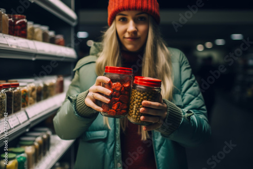 Anonymous Woman Holding Jars in the Supermarket (Copy Space)