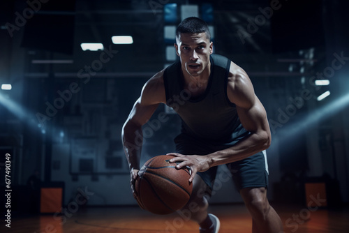 basketball player dribbling a ball on the indoors court