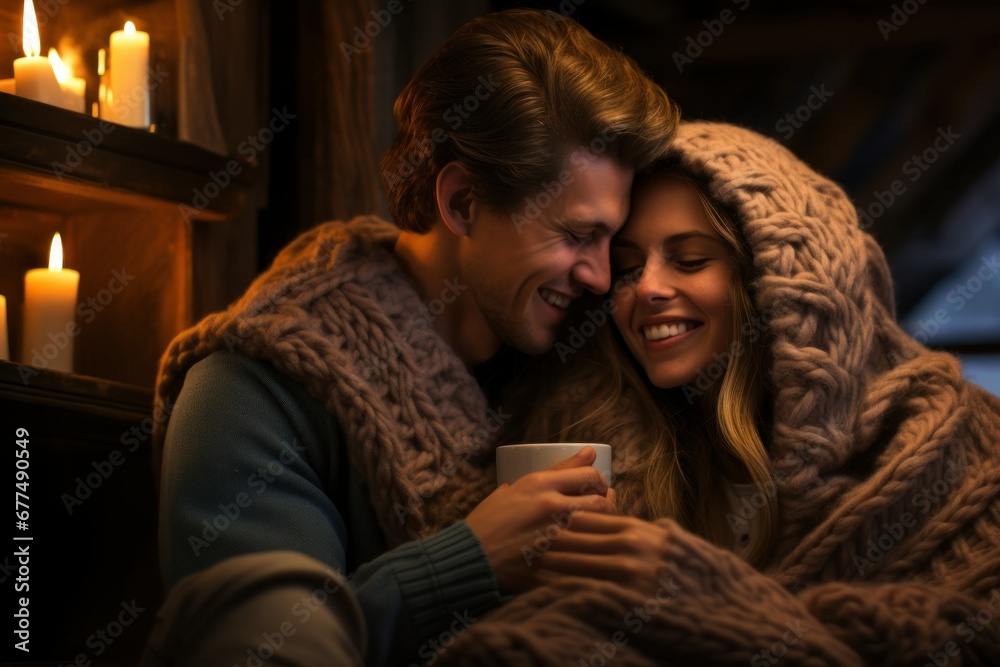 Cozy Moments: Indoor shots of people by a warm fire, sipping hot cocoa, or wrapped in blankets to convey the cozy feeling of winter. - Generative AI