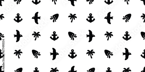 Anchor seamless pattern palm tree squid bird vector helm seagull pirate maritime Nautical sea ocean gift wrapping paper tile background repeat wallpaper illustration design scarf isolated