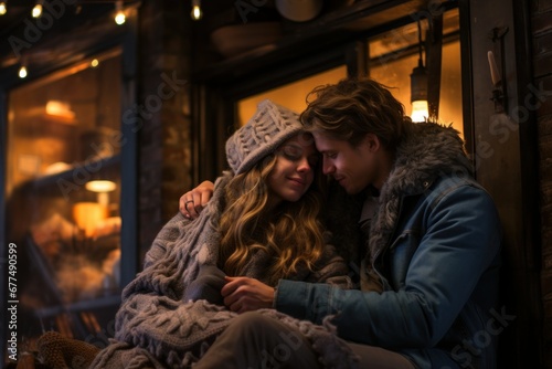 Cozy Moments: Indoor shots of people by a warm fire, sipping hot cocoa, or wrapped in blankets to convey the cozy feeling of winter. - Generative AI © Sidewaypics