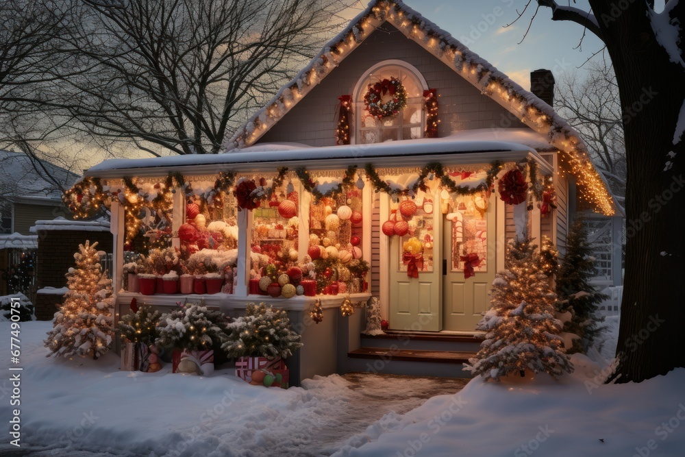 Fototapeta premium Christmas Lights: Festive holiday lights, decorations, and displays in towns and neighborhoods. - Generative AI