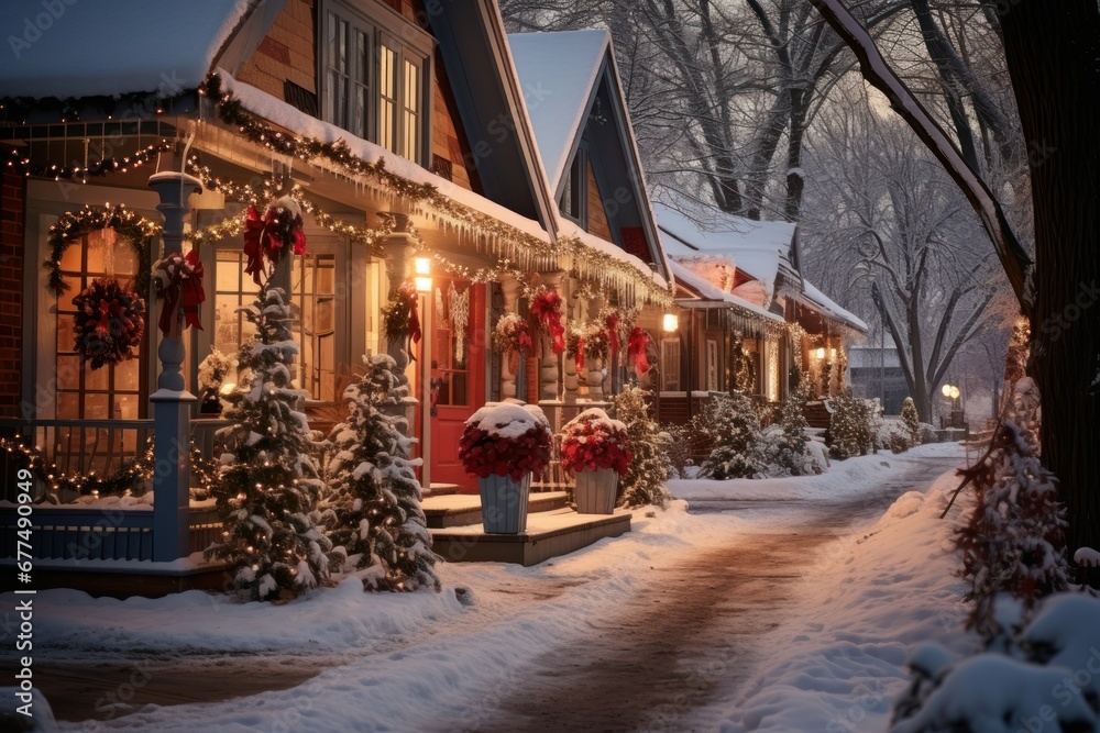 Fototapeta premium Christmas Lights: Festive holiday lights, decorations, and displays in towns and neighborhoods. - Generative AI