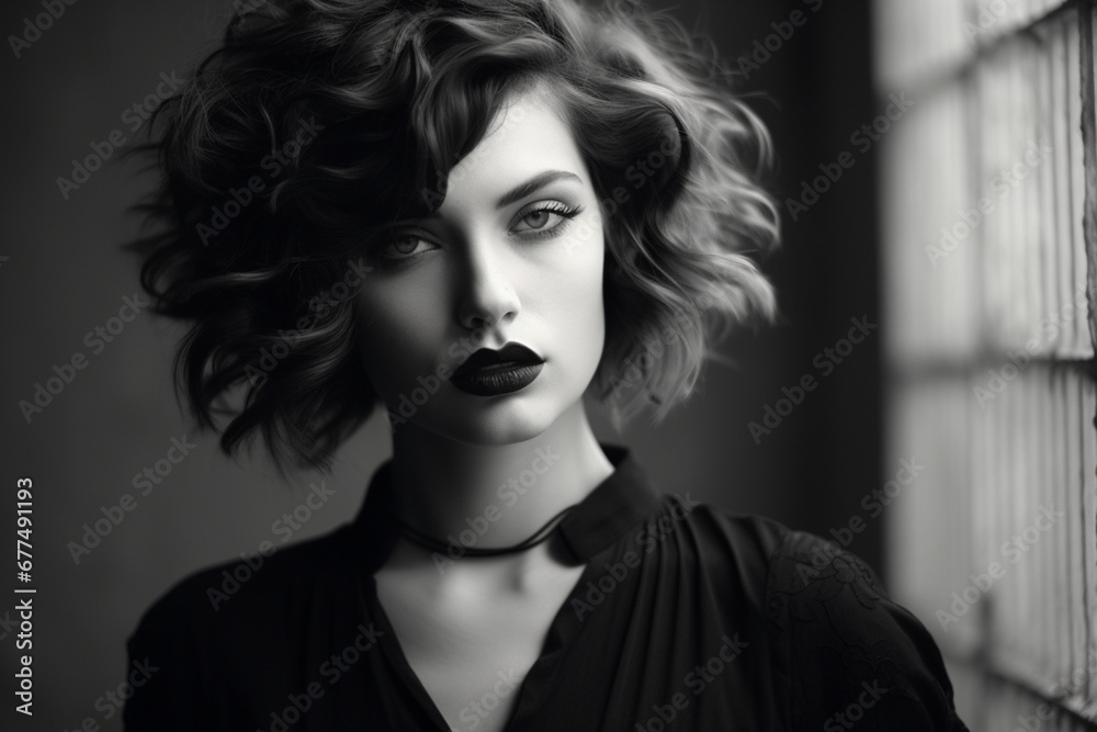 Beautiful woman with stylish hairstyle, black and white