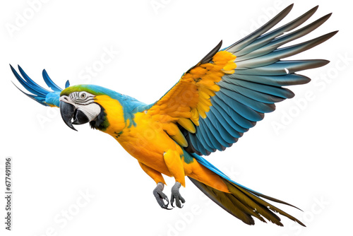 A blue-and-yellow macaw isolated on transparent background.