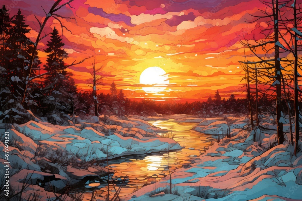Winter Sunsets and Sunrises: The low angle of the sun in winter can create stunning color palettes in the sky. - Generative AI Winter Sunsets and Sunrises: The low angle of the sun in winter can create stunning color palettes in the sky. - Generative AI