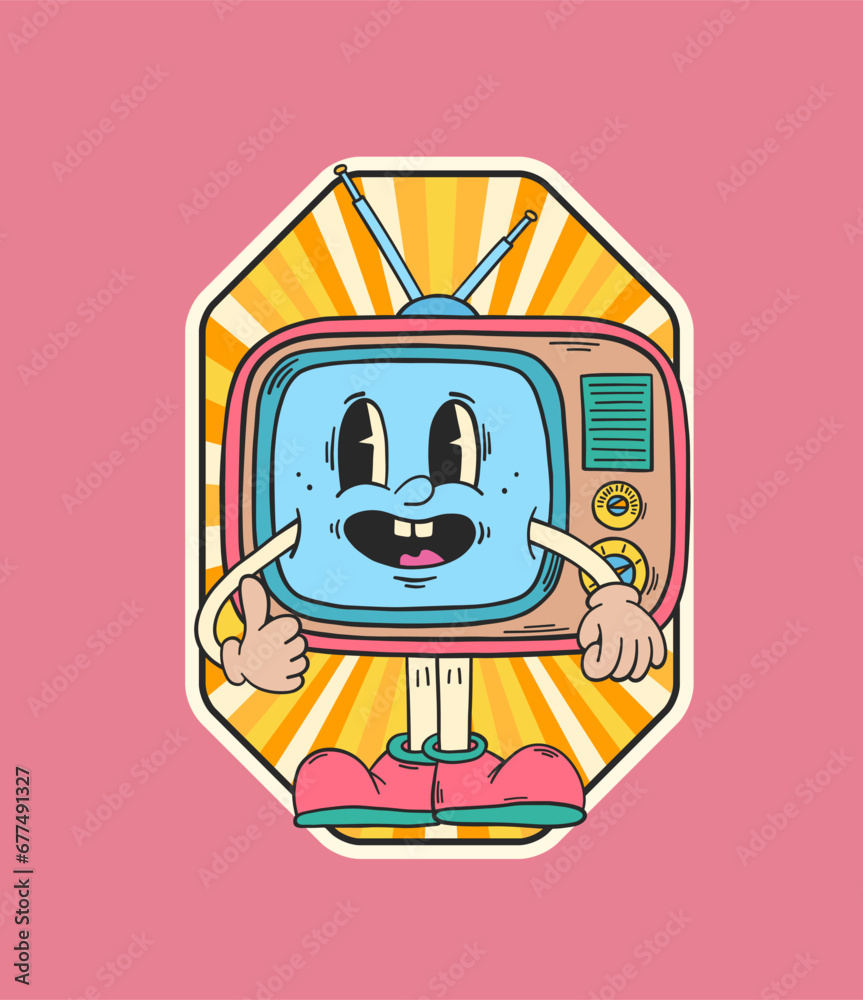Obraz premium TV set character. Retro cartoon character. TV sticker. Hippie patch badge. Vintage animation art. Groovy doodle. Vintage cartoon. 60s and 70s nostalgia.