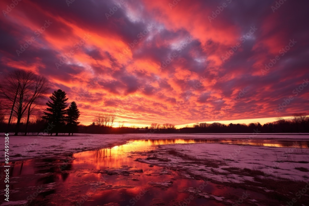 Naklejka premium Winter Sunsets and Sunrises: The low angle of the sun in winter can create stunning color palettes in the sky. - Generative AI