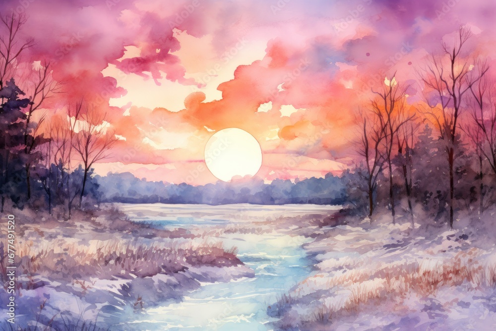 Fototapeta premium Winter Sunsets and Sunrises: The low angle of the sun in winter can create stunning color palettes in the sky. - Generative AI