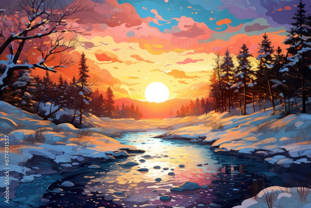 Winter Sunsets and Sunrises: The low angle of the sun in winter can create stunning color palettes in the sky. - Generative AI