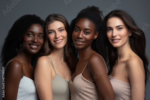 Beauty portrait of a diverse group of beautiful women smiling together against a grey studio background © alisaaa