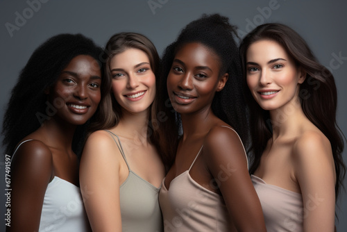 Beauty portrait of a diverse group of beautiful women smiling together against a grey studio background