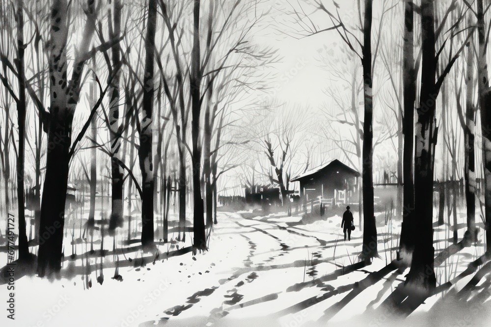 Fototapeta Silhouettes: Use the long shadows and stark contrasts of winter to create captivating silhouettes against the snow. - Generative AI