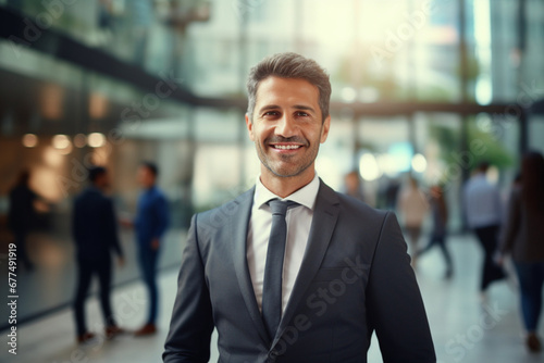 Business man, ceo and smile of a corporate lawyer with company vision and success, Motivation, happiness and confident law firm manager with blurred background ready for legal work feeling happy