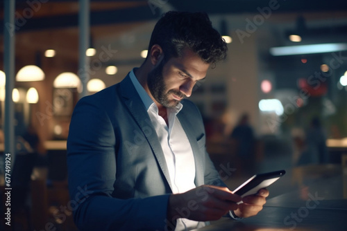 Business man, tablet and working late at night while browsing the internet, doing online research or checking trading stats, Serious entrepreneur using information technology for digital marketing