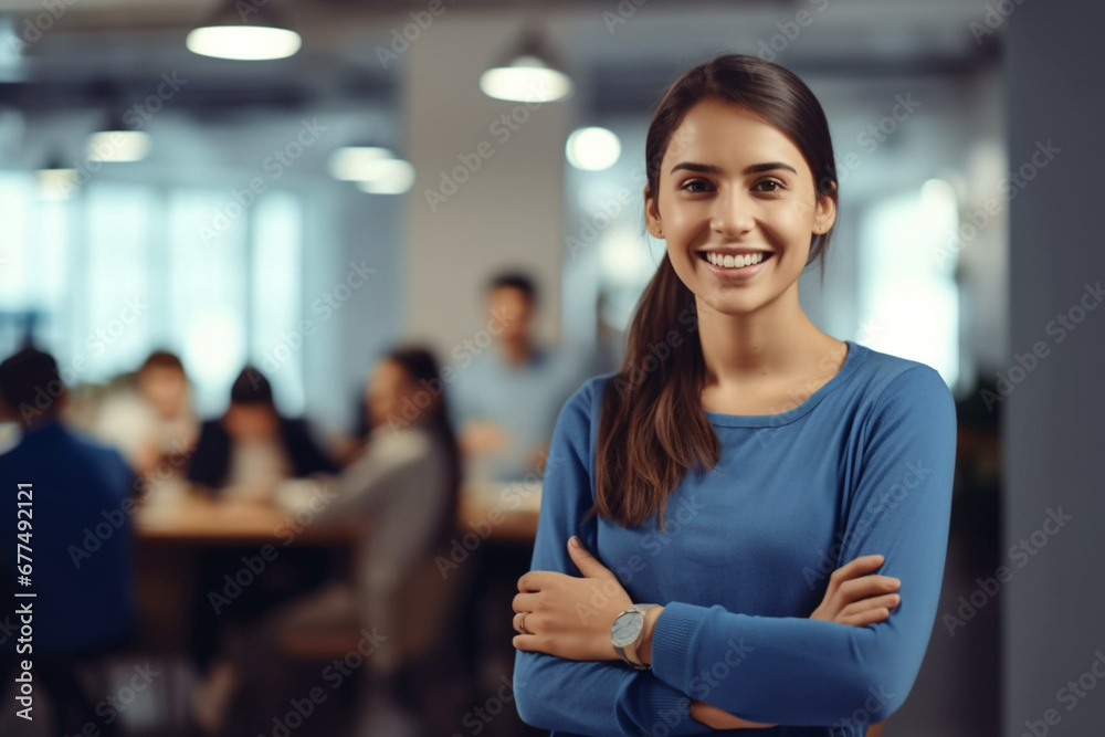Business woman, designer and portrait of happy employee working, arms crossed and marketing agency, startup and creative company, Smile, happiness and young employee internship at advertising agency - obrazy, fototapety, plakaty 
