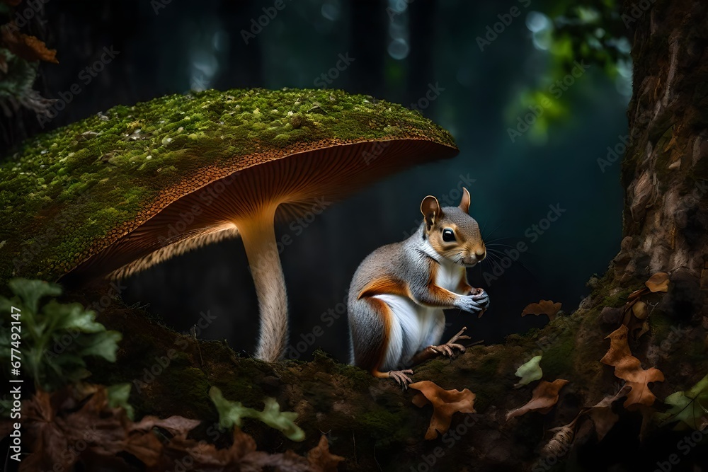 A curious squirrel peeking out from behind a mushroom,squirrel illustration,squirrel background ,squirrel  ,squirrel in the woods ,a mushroom in the forest,squirrel in the forest ,squirrel eating nut 
