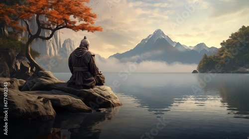 a monk meditations on rock at lake, seamless looping 4K video animation background photo