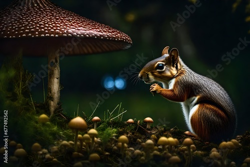 A curious squirrel peeking out from behind a mushroom,squirrel illustration,squirrel background ,squirrel ,squirrel in the woods ,a mushroom in the forest,squirrel in the forest ,squirrel eating nut 
