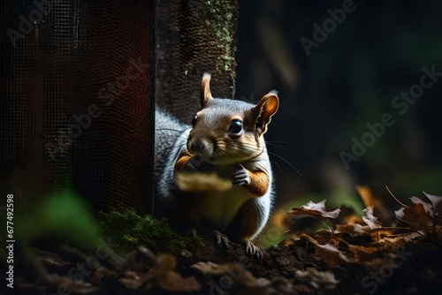 A curious squirrel peeking out from behind a mushroom squirrel illustration squirrel background  squirrel   squirrel in the woods  a mushroom in the forest squirrel in the forest  squirrel eating nut 