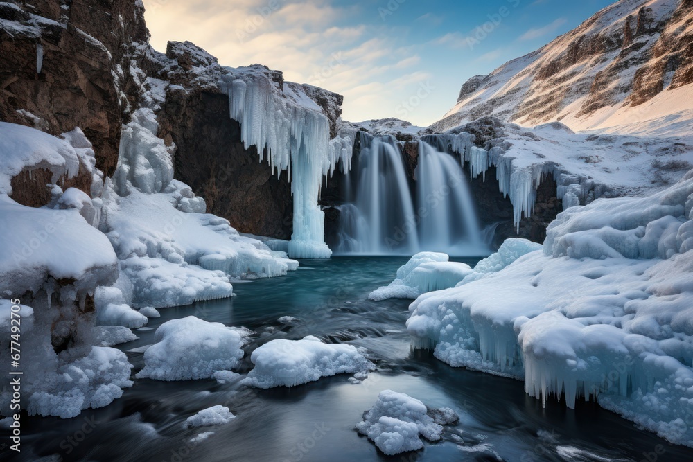 Frozen Waterfalls: Photograph the unique formations of frozen waterfalls in cold regions. - Generative AI
