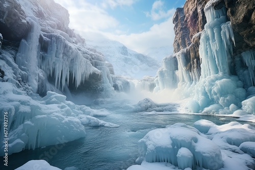 Frozen Waterfalls  Photograph the unique formations of frozen waterfalls in cold regions. - Generative AI