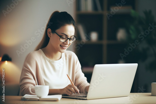 Cheerful Business Woman Working from Home on Laptop Computer