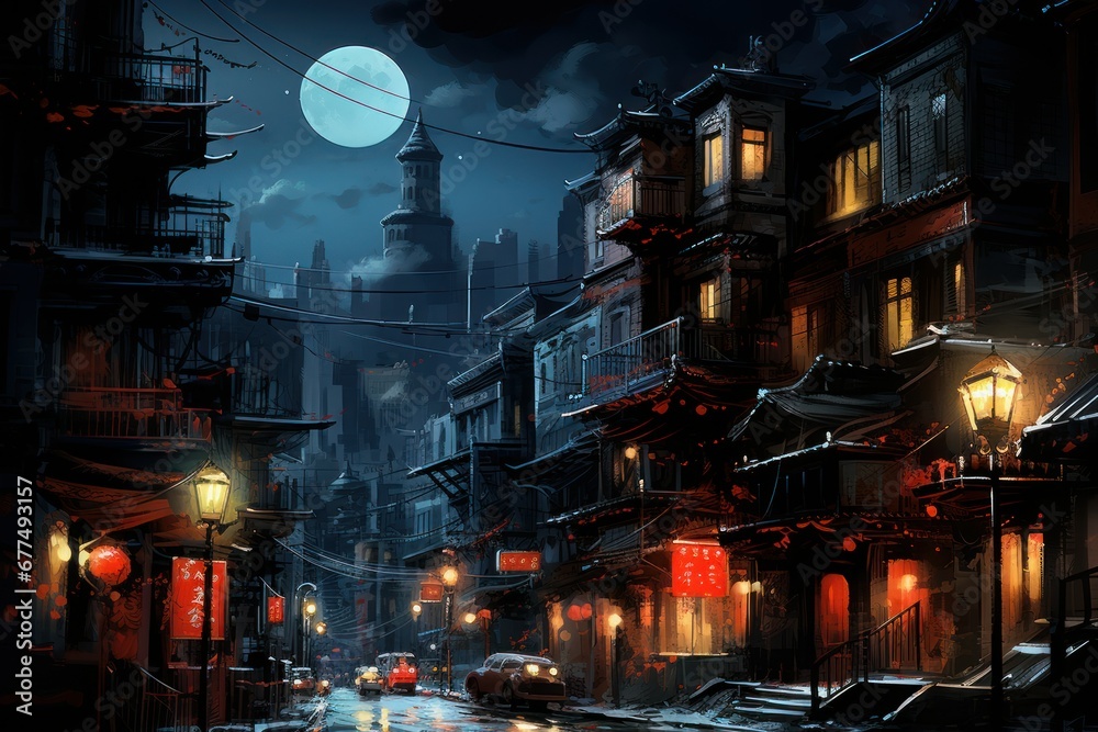 Fototapeta premium Urban Winter Scenes: Capture cityscapes with snow-covered streets, buildings, and the glow of streetlights. - Generative AI