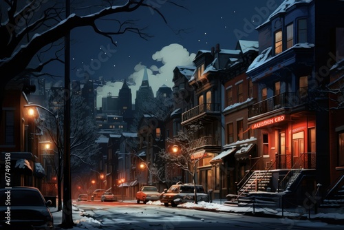 Urban Winter Scenes: Capture cityscapes with snow-covered streets, buildings, and the glow of streetlights. - Generative AI