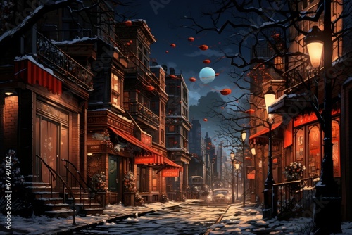 Urban Winter Scenes  Capture cityscapes with snow-covered streets  buildings  and the glow of streetlights. - Generative AI