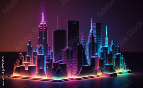 Futuristic New York Cityscape  Neon Lights  city skyline at night