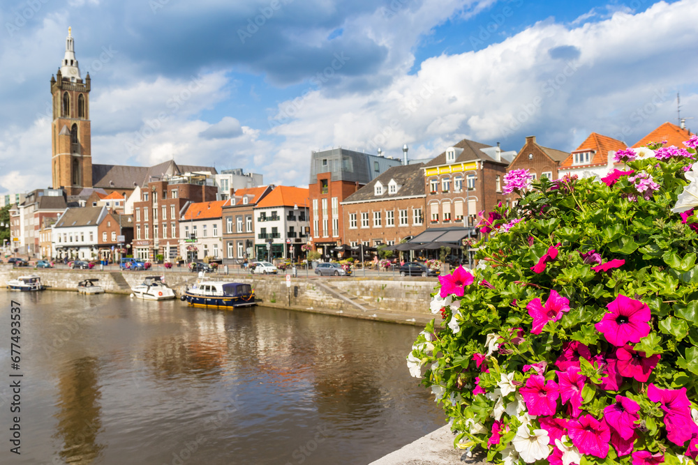 Colorful flowers on the historic bridge in Roermond, Netherlands