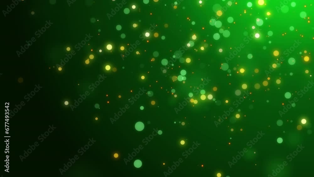 Green glitter particles, shine confetti and glowing lights effect. Grid looped animated background with magic fireflies, fairytale bugs sparkle.