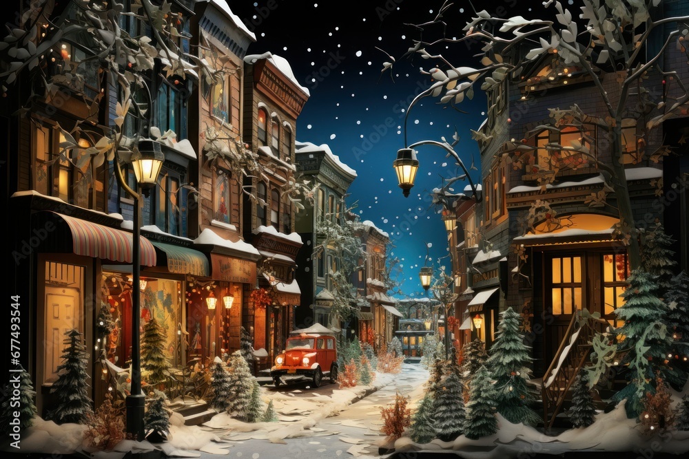 Fototapeta premium Urban Winter Scenes: Capture cityscapes with snow-covered streets, buildings, and the glow of streetlights. - Generative AI