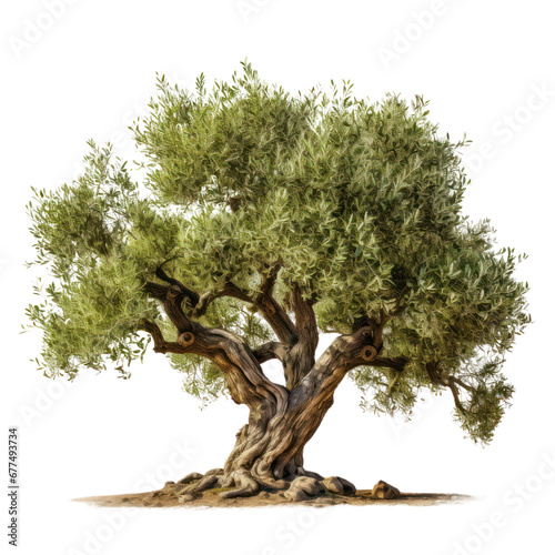 Olive tree isolated on white transparent background, green foliage and old trunk, PNG,	 photo