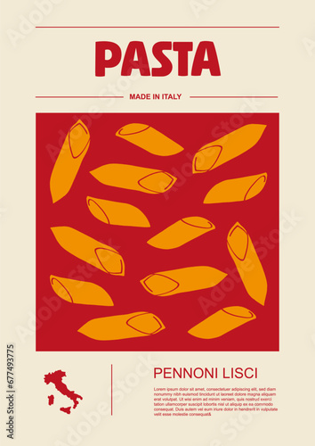 Italian macaroni types, labels for packages set. Mezze maniche rigate pasta. Organic and natural product, gourmet ingredient for cooking dishes. Handmade and tasty. Vector in flat style