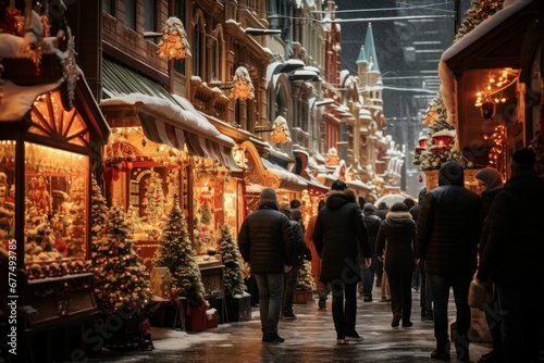 Holiday Markets: Bustling markets and fairs with festive decorations and people shopping for gifts. - Generative AI