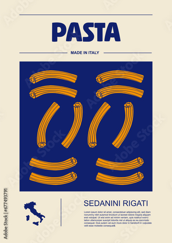 Italian macaroni types, labels for packages set. Sedanini rigati pasta. Organic and natural product, gourmet ingredient for cooking dishes. Handmade and tasty. Vector in flat style